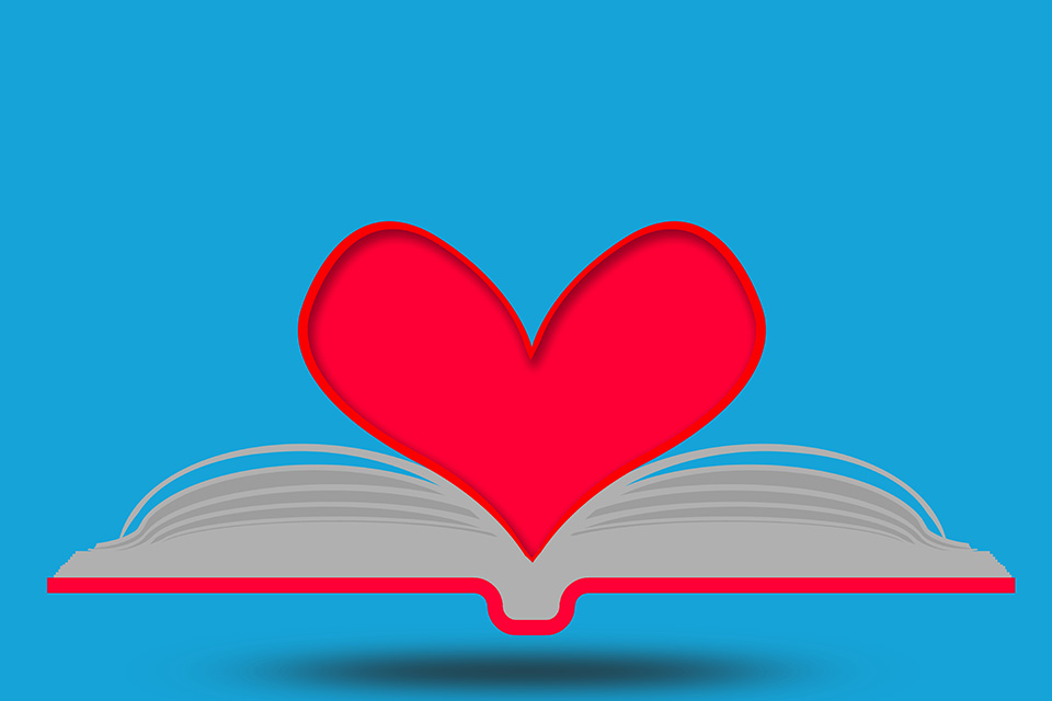 Animering av bok och hjärta i rött och blått