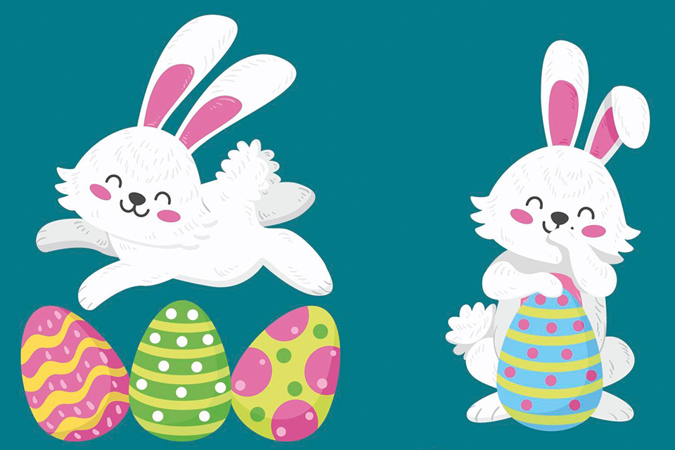 Äggjakt, animerade kaniner med färgglada ägg.