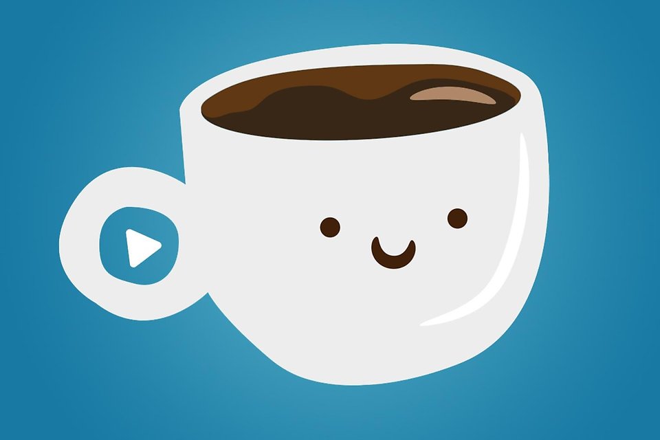 Blå bakgrund med en vit tecknad kopp kaffe som ser glad ut.