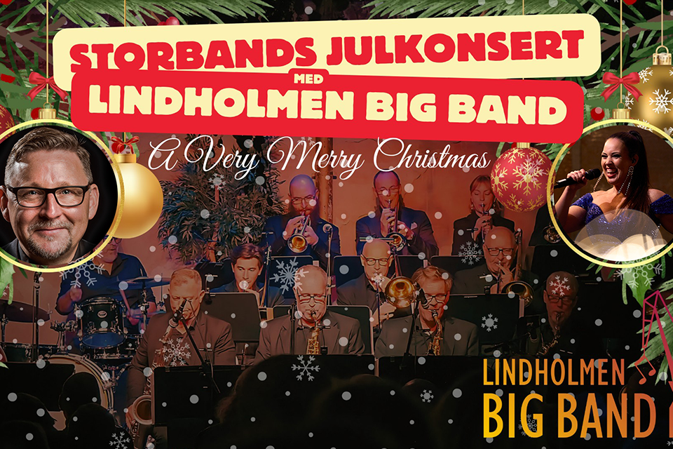 Kollage med texter och bilder. Storbandsjulkonsert, stor text.