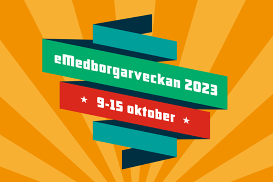 Orange bakgrund med texten "eMedborgarveckan 2023 9-15 oktober
