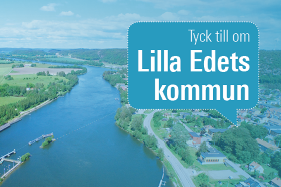 Grafik med flygfoto över Lilla Edet och älven "Tyck till om Lilla Edets kommun"