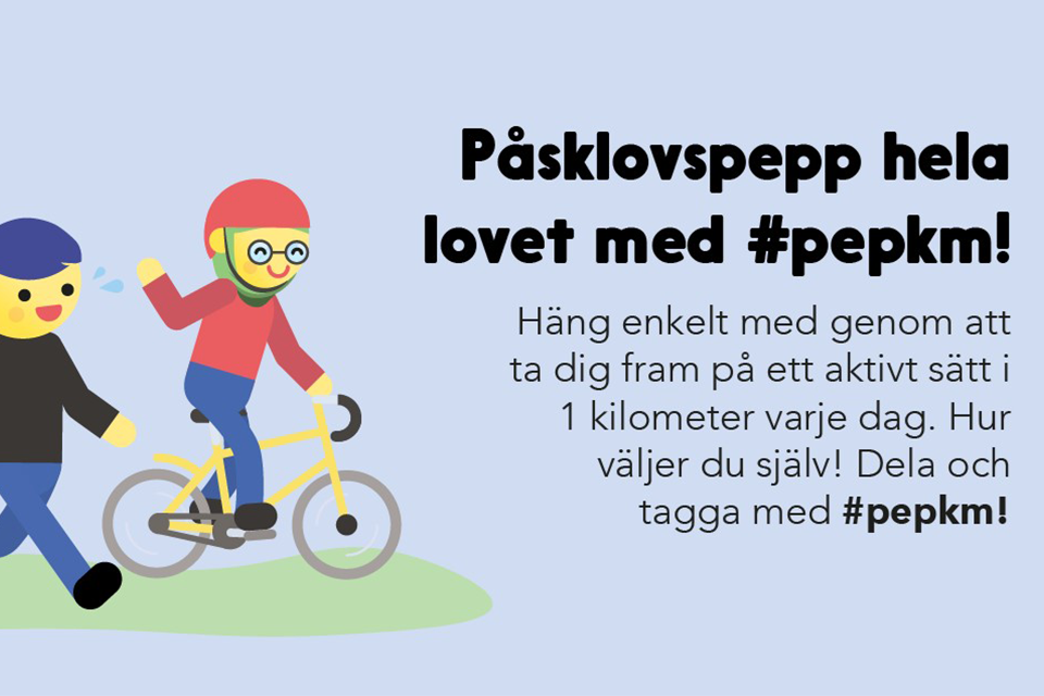 Animerad bild med barn som cyklar och springer. Text: "Påsklovspeppa med Pep Kilometern".