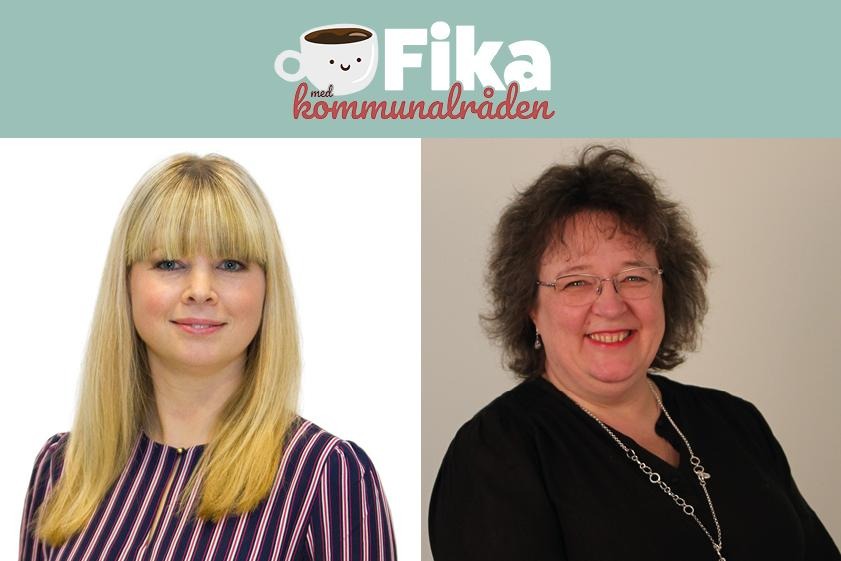 Överst syns rubriken Fika med kommunalråden ihop med en kaffekopp. Under finns två olika porträttbilder som föreställer två olika kvinnor.