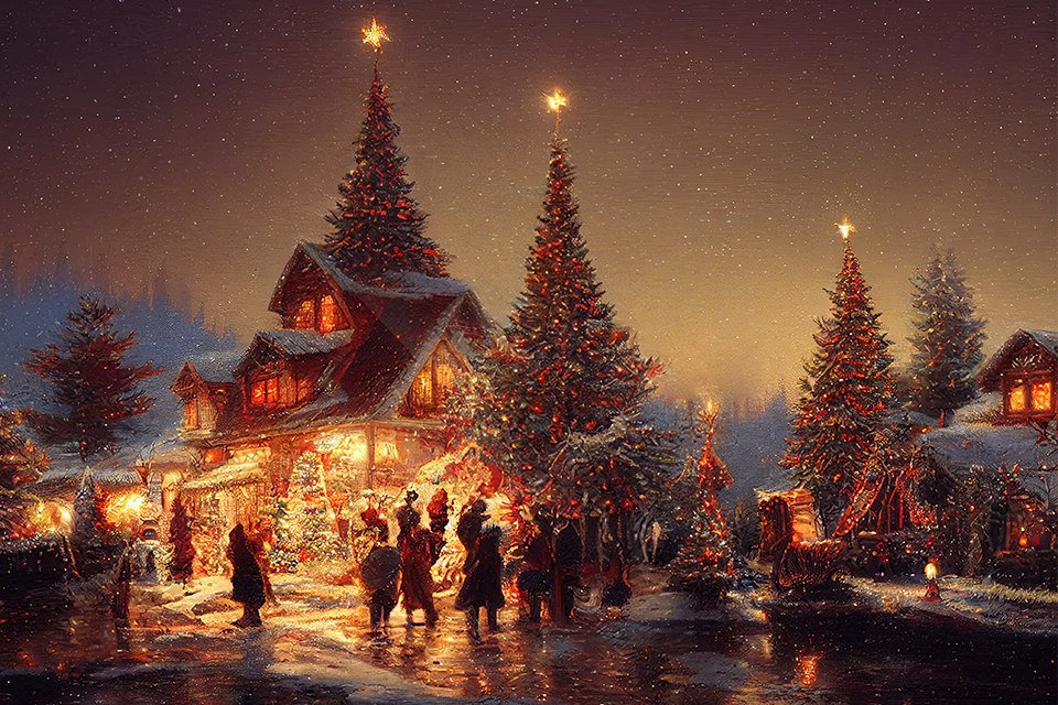 Målad bild, julmarknad i skymning, inspirerad från forna dagar.