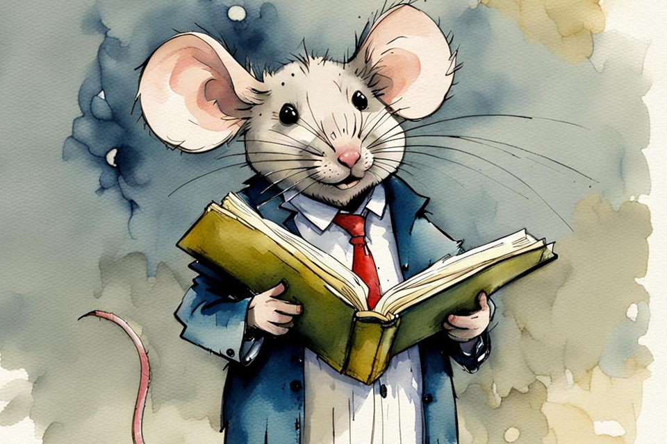 Illustration av en mus med en öppen bok.
