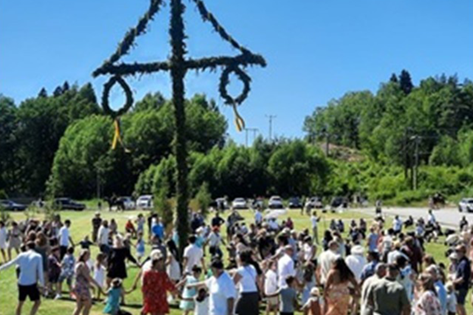 Midsommarstång, människor som dansar ringdans i solen