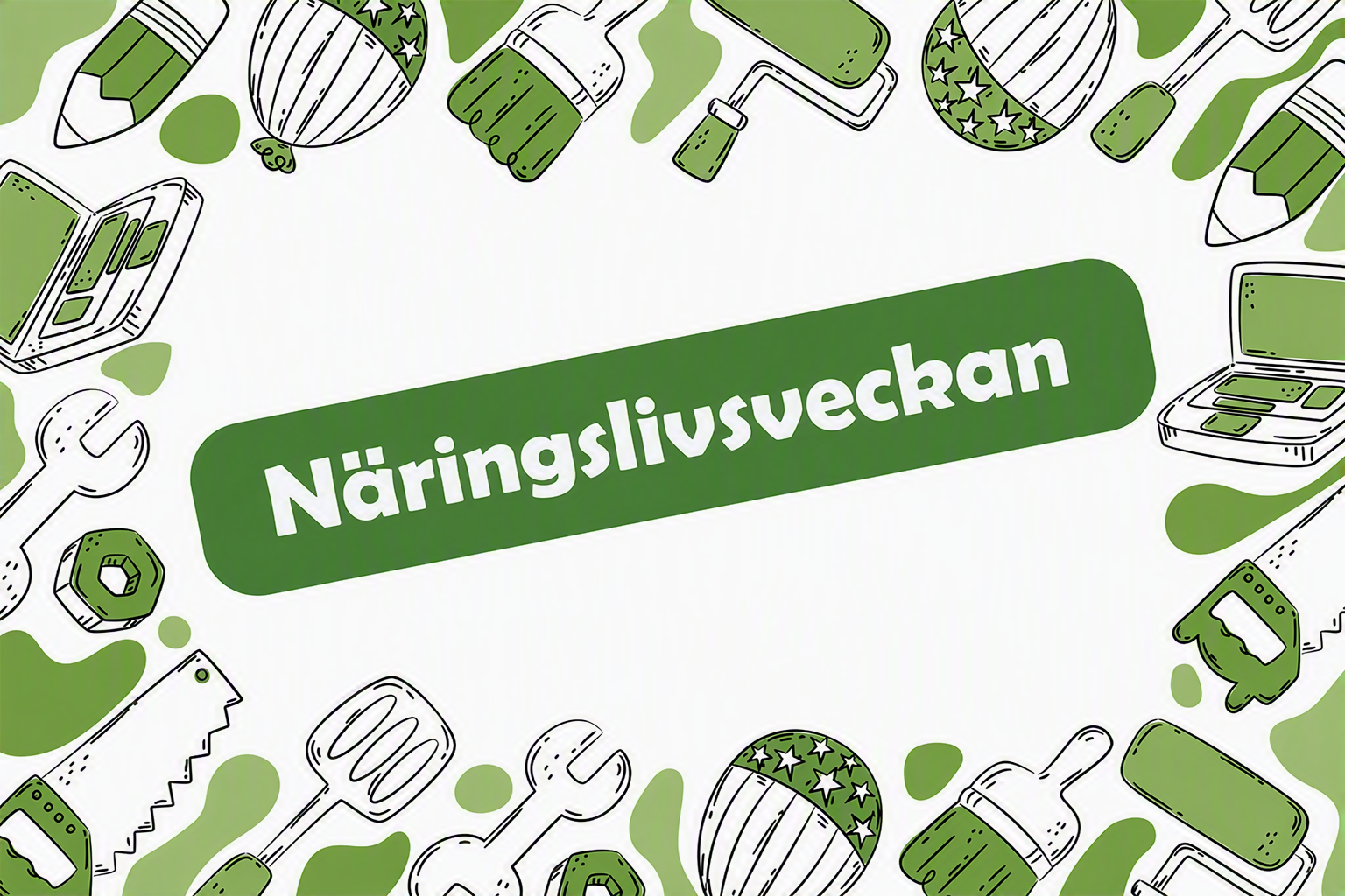 Illustrationer av arbetsredskap i gröna toner samt texten "Näringslivsveckan"