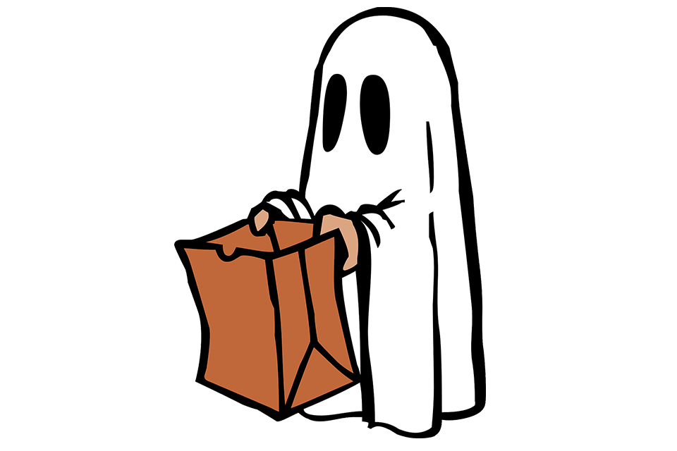 Illustration av spöke i vitt lakan som håller fram en stor papperspåse.
