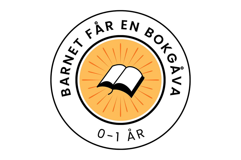 Grafik med en öppen bok och texten: Barnet får en bokgåva