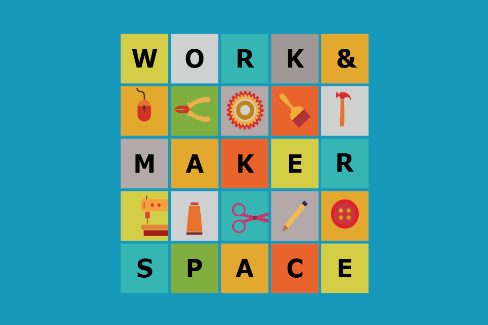 Bild visar texten Work & makerspace och olika färgglada verktyg för skapande.