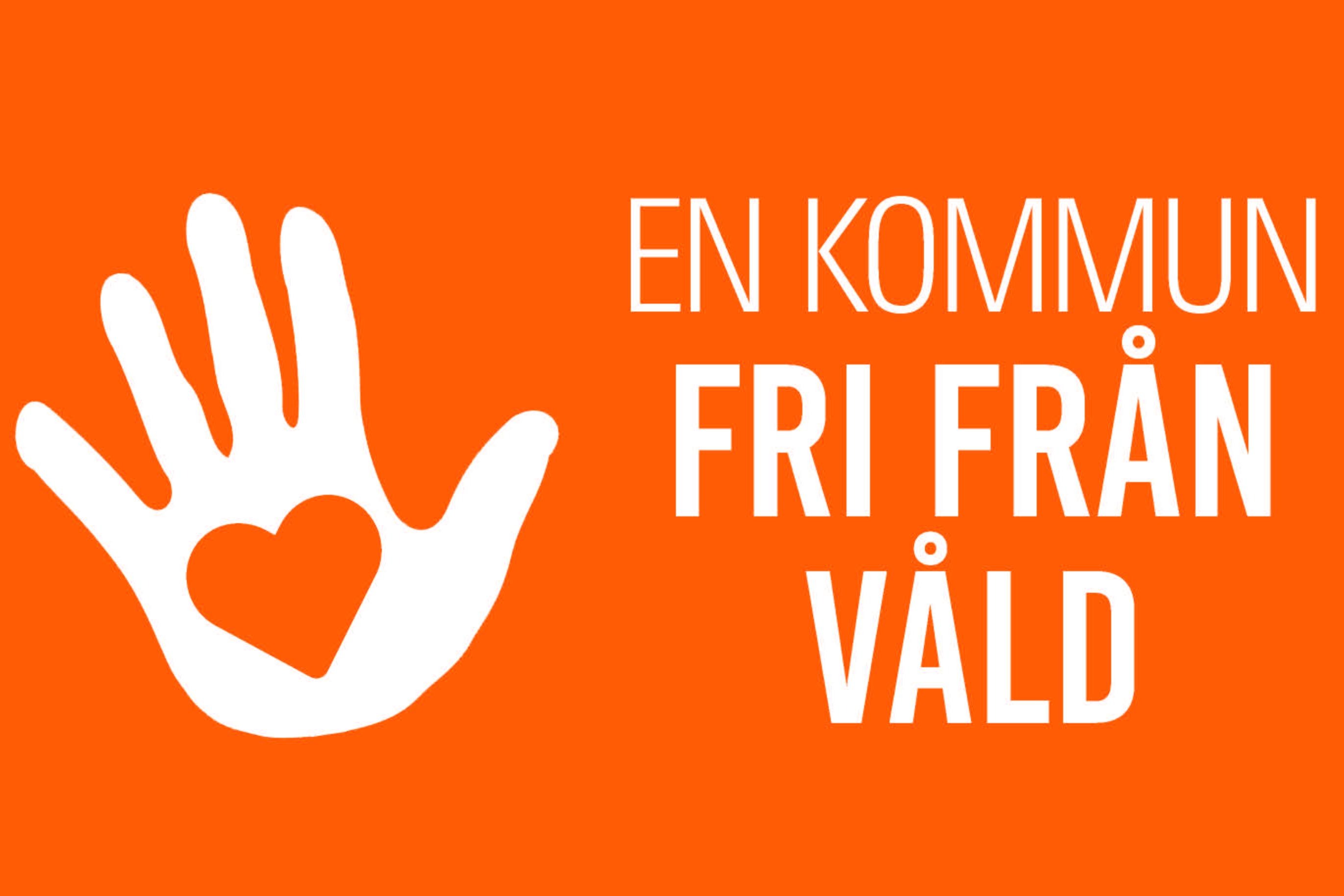 Orange bakgrund med en vit hand och texten "en kommun fri från våld"
