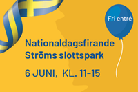 Grafik i blått och gult, nationaldagsfirande i Ströms slottspark 6 juni kl. 11-15