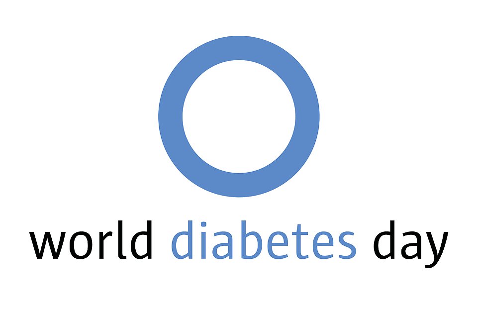 Rund blå ring med text nedanför där det stå world diabetes day 14 november