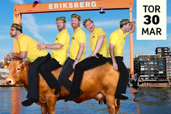 Vier Brillen, fem män i gula T-shirtar rider på en röd ko. I bakgrunden Eriksbergskranen.