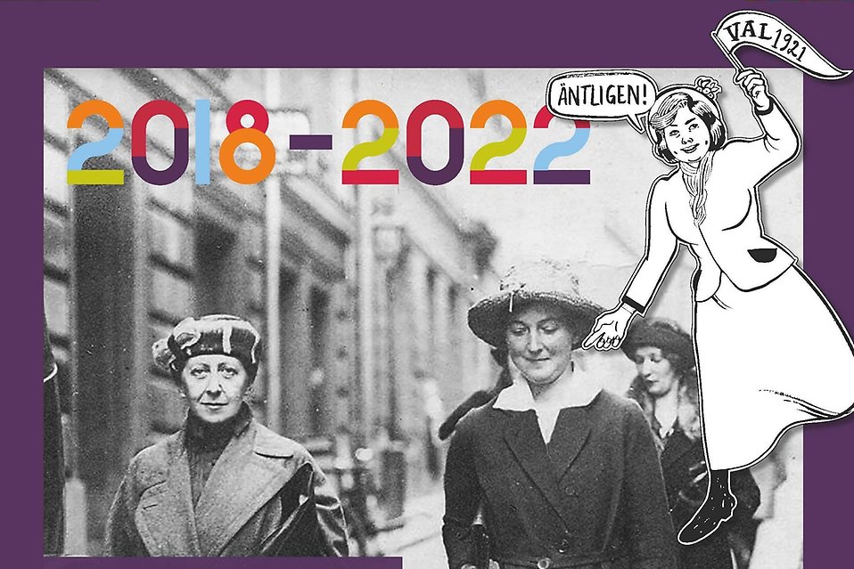 Svartvit bild på två kvinnor med en färggrann text ovanför med årtalen 2018-2022