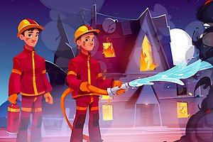 Två animerade brandmän sprutar vatten. I bakgrunden ett brinnande hus.