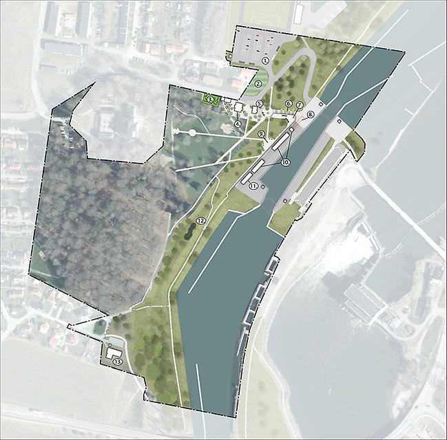 Illustrationskarta över sluss- och parkmiljö