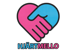 Logotype med två händer som håller hand och bildar ett hjärta samt text "Hjärtmello".