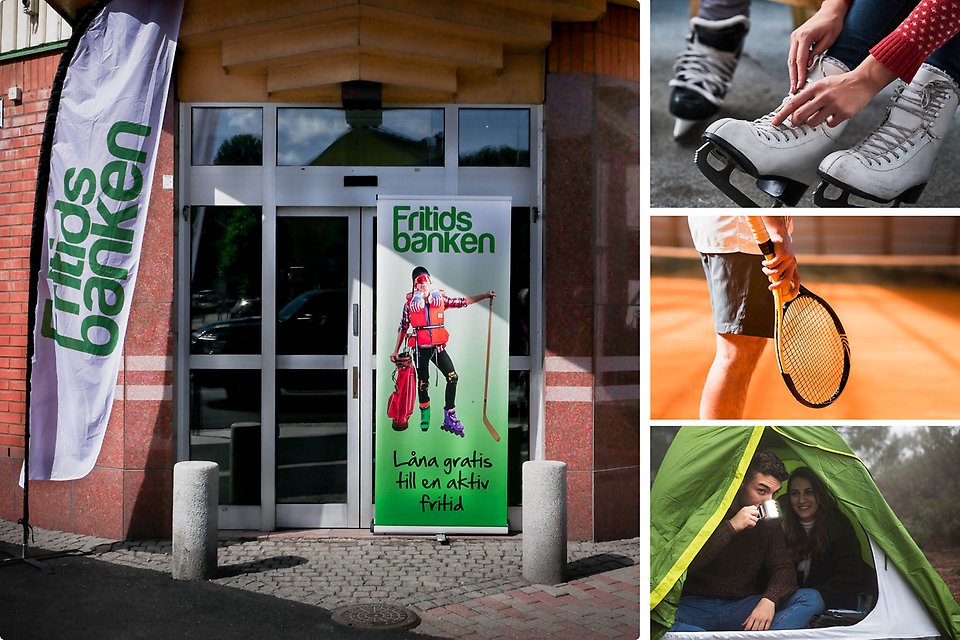 Kollage över ingången till fritidsbanken samt skridskor, tennis och tält.
