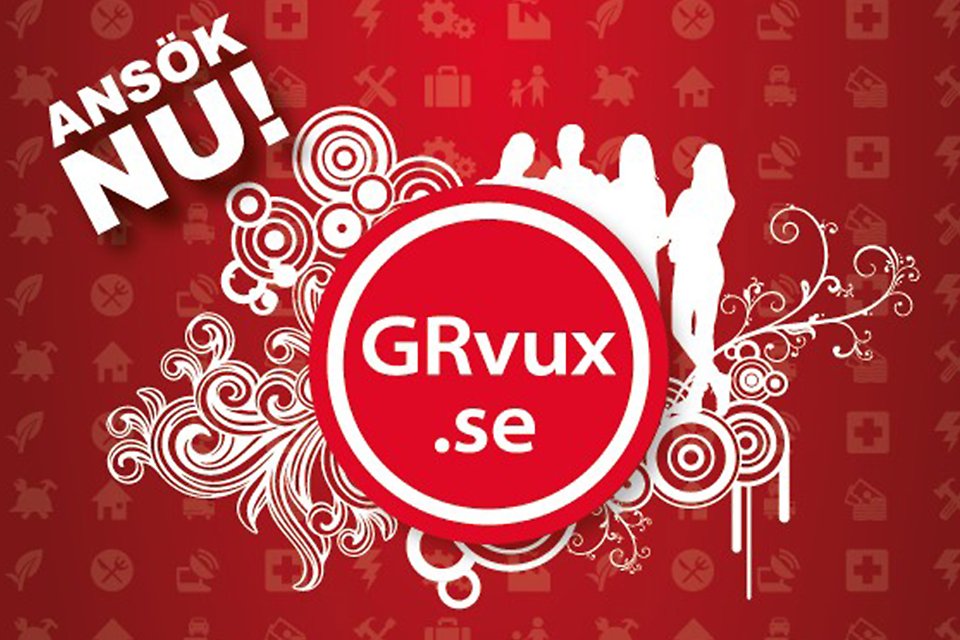 GRvux logotype med grafik "ansök nu"